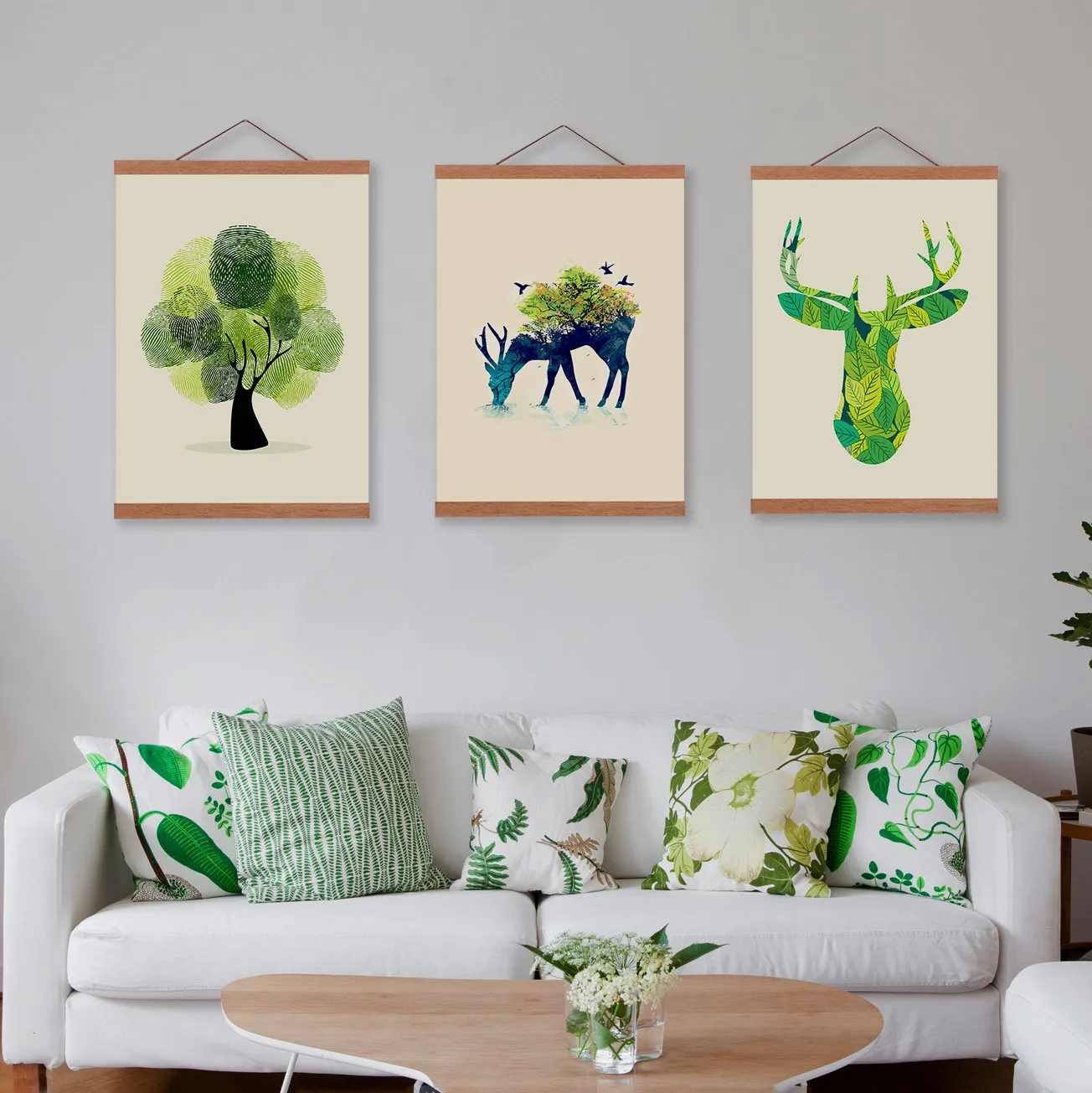 

Mild Art Hand-Painted Green Decorative Pattern Deer And Tree Living Room Solid Wood gua zhou hua Decoration Scroll Paintings a G