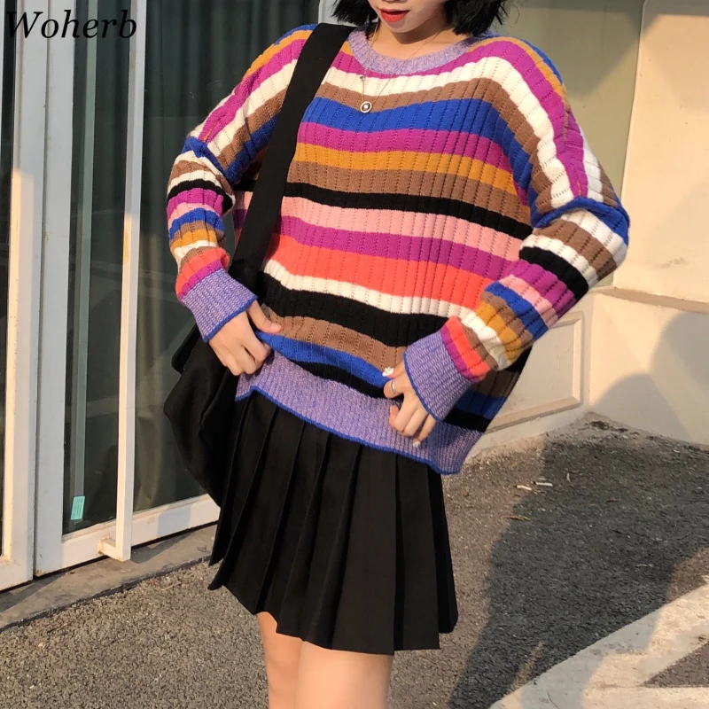 Woherb Harajuku уличная одежда, свитер для женщин в радужную полоску с круглым вырезом и длинным рукавом, пуловеры, джемперы, корейская мода, верхняя одежда 90857