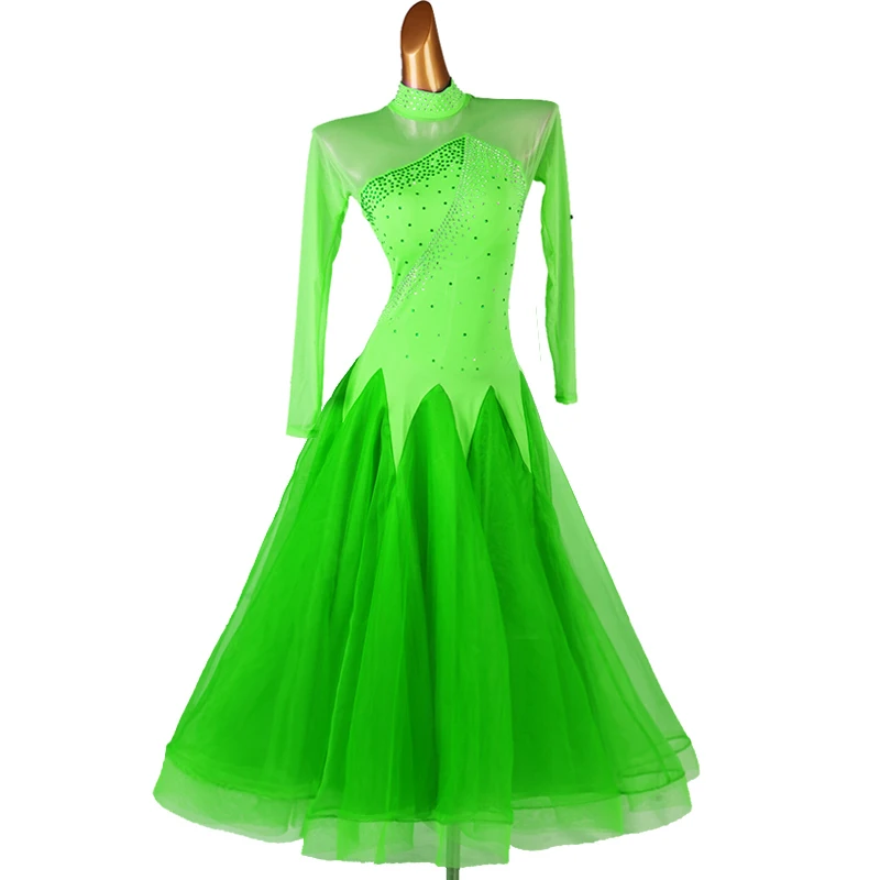 

Ballroom Dance Competition Dress For Women Long Sleeve Rhinestone Big Swing Blue/Green Waltz Dance Costumes Customized DQL4509