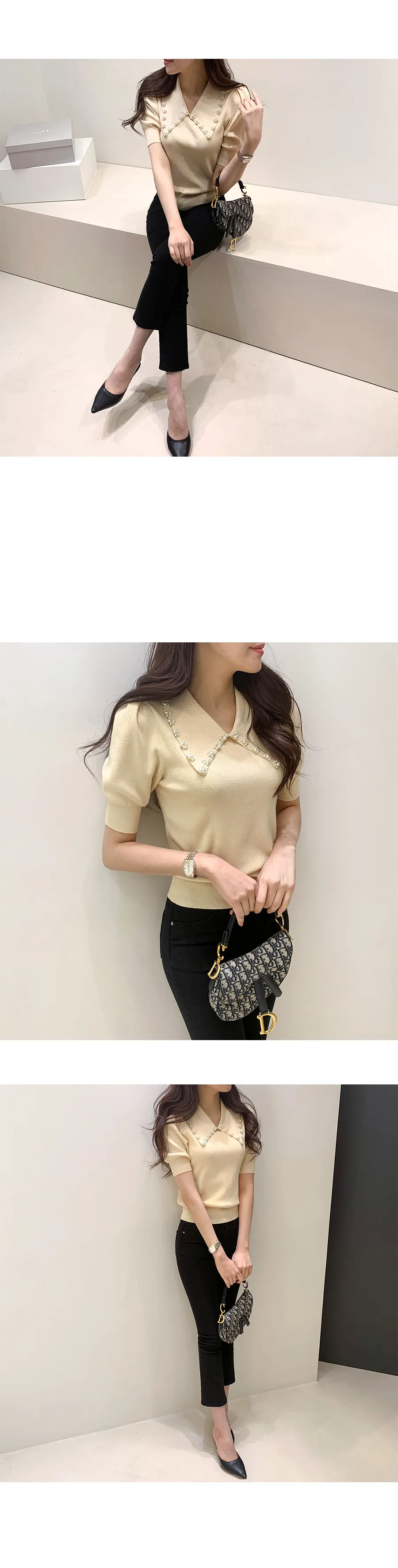 Pearl Beading Knitted T Shirt Tops Women Summer Short Sleeve Turn-down Collar Pullover Solid Slim Korean Fashion Female T-shirt best t shirts for men