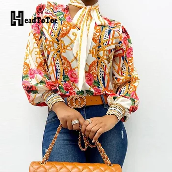 

Scarf Neck Baroque Print Top Blouses Women Long Sleeve Casual Blouses Workwear