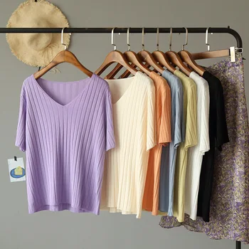 

College style summer new product solid color V-neck pit strip curved beads ice silk knitted short-sleeved T-shirt