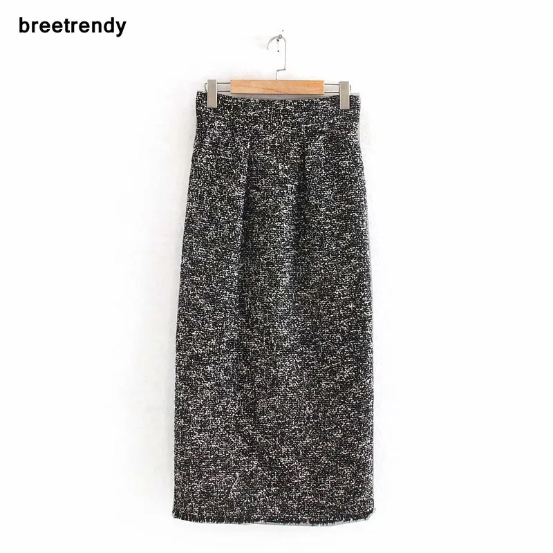 Черный QZ626 High Waist Back Split Tassels Edge Textured Fancy Elegant Tweed Skirt Office Lady Trendy Basic Skirts - Цвет: Черный