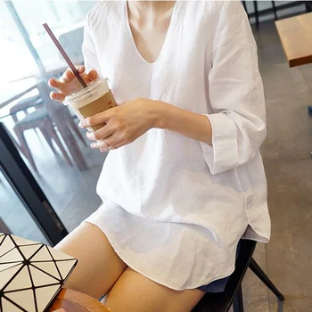 

SuperAen Spring and Autumn New 2020 Shirt Female Korean Style Pluz Size Cotton Ladies Blouses and Tops V-neck Women Clothing