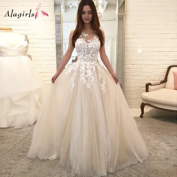 

Luxury Illusion Wedding Dress Appliques Scoop Sleeveless Bride Dress Simple Tulle Vestido de noiva Plus Size 2020