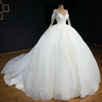 

Best Selling Sheer Boat Neck Long Sleeves Floral Lace Court Train Ball Gown Organza Luxury Wedding Dresses
