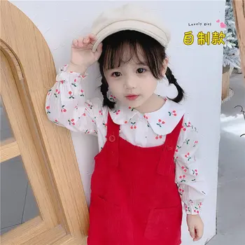 

Children's clothing autumn section 2020 children's solid color cherry top with strap skirt girl 2 piece set children's suit