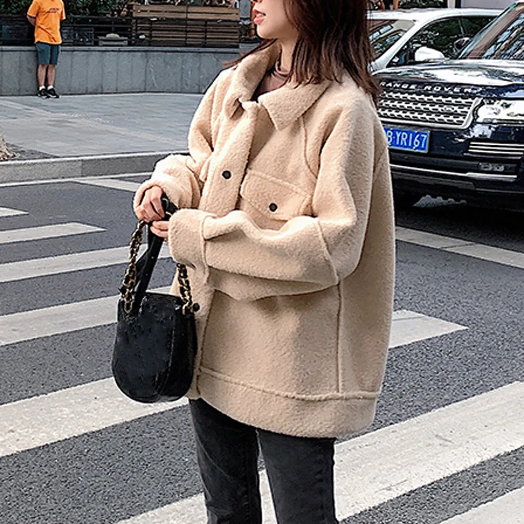 

Warm Autumn Winter Lamb Hair Jacket Coat Women Large Size Plush Overcoat 2019 Ladies Casual Office Long Sleeve Button Coat