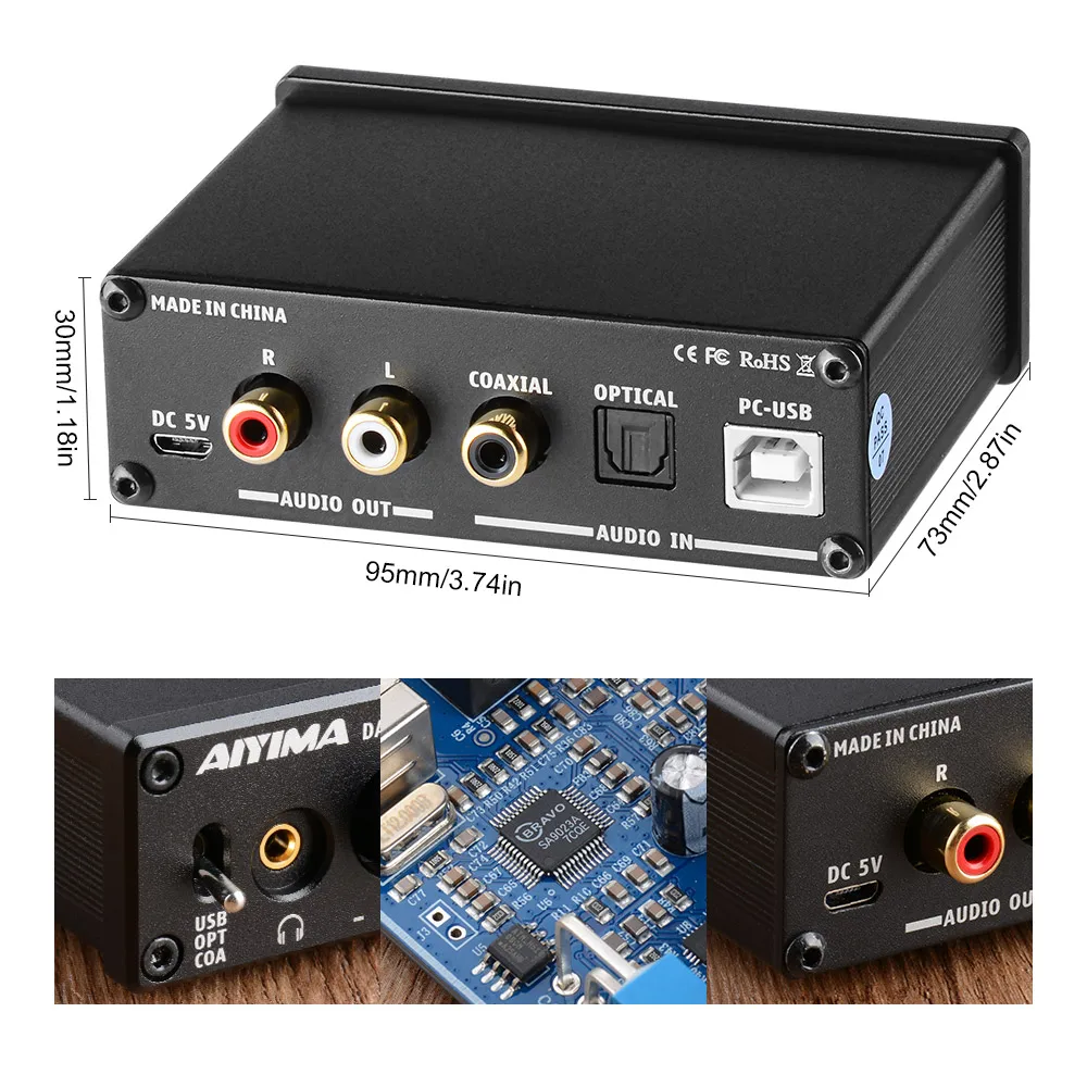 AIYIMA DAC-A2 Amplificador 2.0 Hifi Digital Decoder USB DAC Audio Headphone Amplifier 24Bit 96KHz Coaxial Optical Output RCA 3