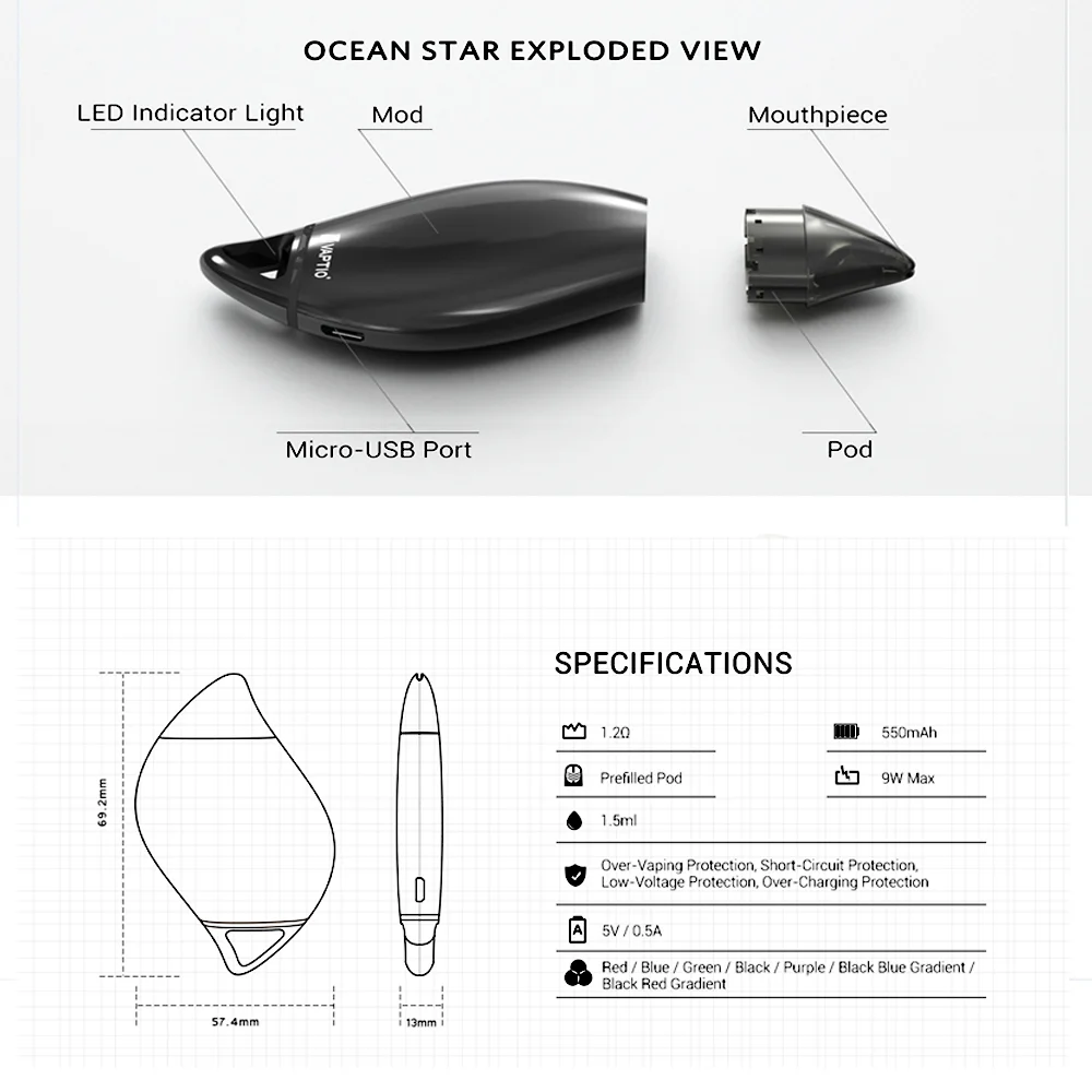 Ceny Oryginalny VAPTIO ocean star zestaw z 550 mAh bateria 1.5 ml pojemność VAPE system pod zestaw startowy