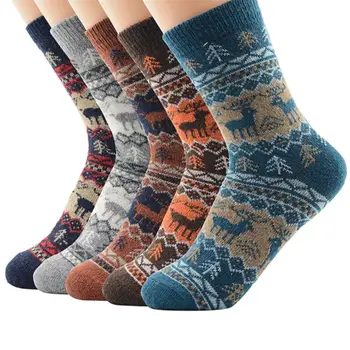 

Womens Winter Thicken Chunky Knitted Crew Socks Ethnic Christmas Tree Reindeer Stripes Print Warm Mid Calf Long Tube Hosiery