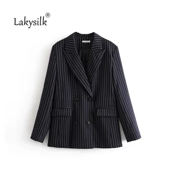 

Vintage Pockets Office Lady Blazers Coat Women Striped 2020 Fashion Notched Double Breasted Long Sleeve Outerwear Casual Suits