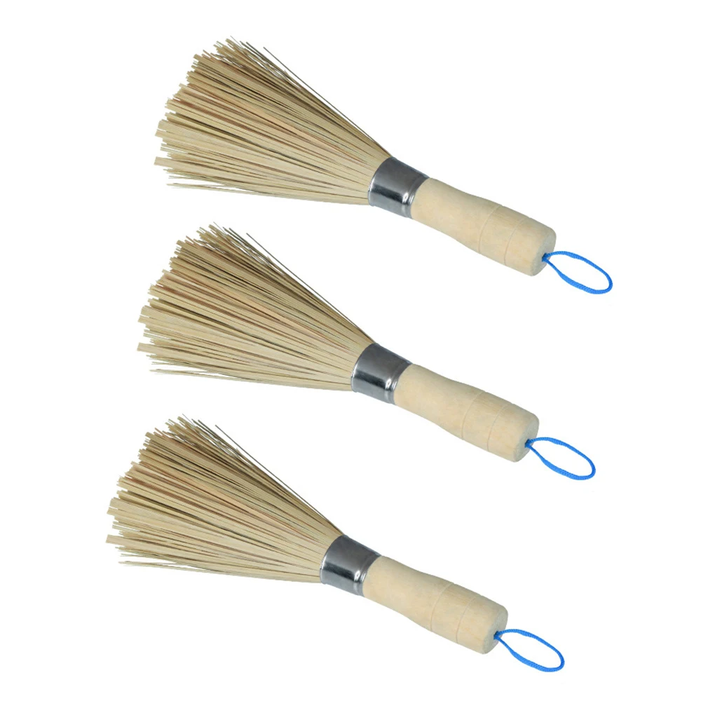 3pcs Comfortable Bamboo Handle Brush Strong Decontamination Dishwashing Brush Kitchen Accessories