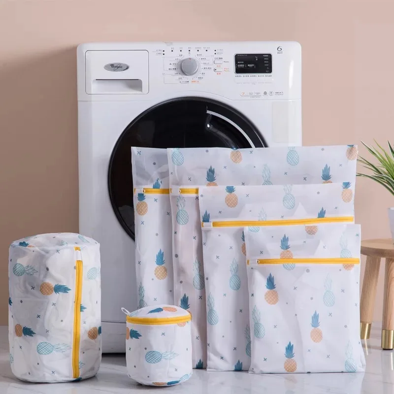 Pineapple Printing Zippered Mesh Laundry Bag Polyester Washing Net Bag For Underwear Sock Washing Machine Pouch Clothes Bra Bags