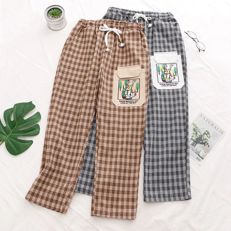 

Japanese Women Sweet pants Autumn Deer Patch harem Plaid pants elastic waist new casual loose Teen Girls Bestie trousers Korean