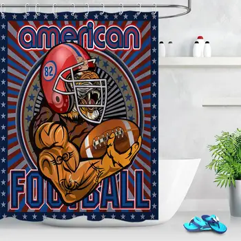 

Football Strong Player Helmet Star Striped Background Creative Shower Curtain Tiger Head Animal Cartoon Fabric Bathroom Curtain