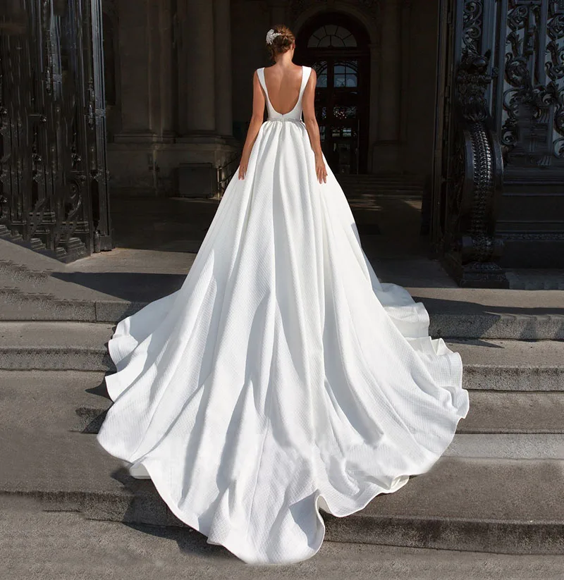 Vestido de Noiva, Атласное Бальное Платье, Свадебное платье, пояс из бисера, v-образный вырез, без рукавов, открытая спина, роскошное платье для невесты принцессы