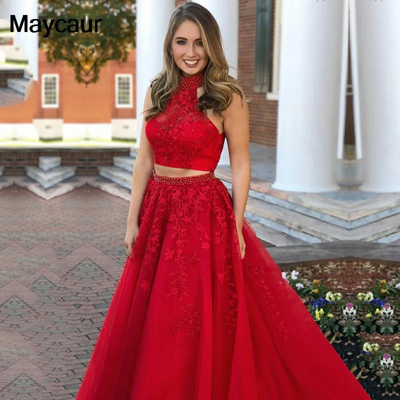 Vestidos de piezas para graduación, cuello alto, de encaje rojo con apliques de cuentas, elegantes vestidos de fiesta reales, Vestidos de Noche de Graduación|Vestidos de graduación| - AliExpress