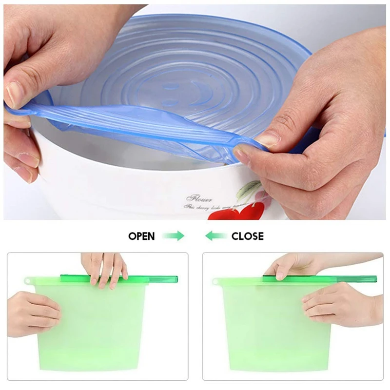 

Reusable Silicone Food Storage Kit, 4 BPA Free Food Storage Bags with 6 Silicone Stretch Lids, Eco-Friendly Convenience for Prep