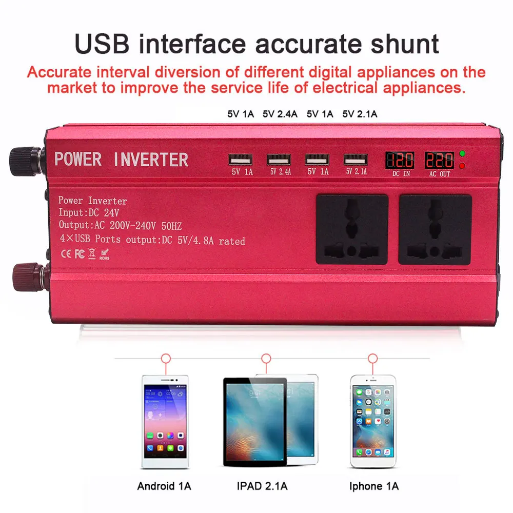 Vehemo DC24V к AC110V преобразователь инвертор Автомобильный Инвертор Трансформатор автомобильный инвертор 2200 Вт 4USB Инвертор адаптер