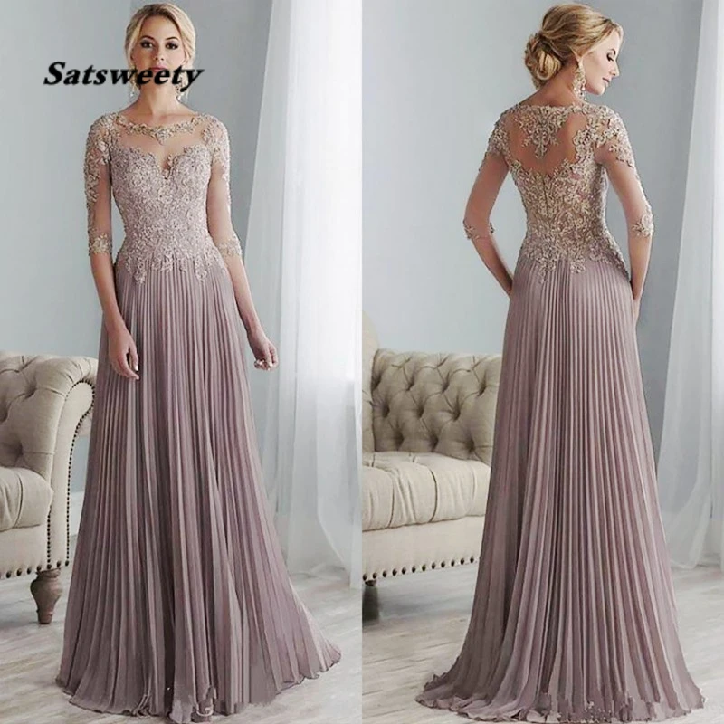 

Purple Lace Mother of the Bride Dresses Plus Size Half Sleeves Groom Wedding Floor Length Pleated Chiffon Abito Mamma Sposa