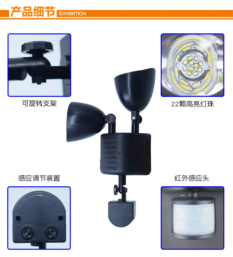 Cross Border for Solar Garden Lamp Body Sensing Double Headed Spotlights 22LED Highlight Double Headed Outdoor Wall Lamp