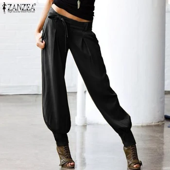

ZANZEA Women Low Waist Sexy Pants Ladies Casual Back Elastic Waist Long Trousers Female Cargo Pockets Belted Harem Streetwear