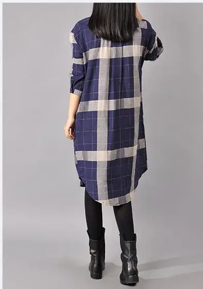 

2019 Spring Clothing New Style Korean-style Cotton Linen chen yi qun Large Size Dress Long Sleeve Plaid Shirt Women's Mid-length