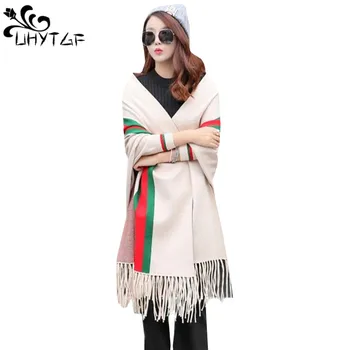 

UHYTGF Women's Knitted sweaters Tassel Striped Shawl Outwear Knit Tassel Tribal Fringe Jacket Autumn Sweater Bat Cloak Coat 656