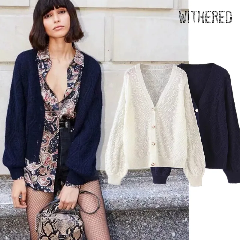 

Withered 2019 autumn knitted cardigans women england vintage blogger gold buttons Rhombic jacquard sweaters women cardigans tops