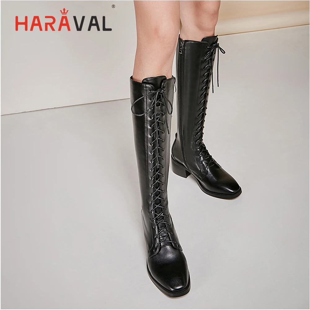 HARAVAL Luxury Woman Winter Over-the-knee Boot Handmade Genuine Leather Round Toe Square Heel Shoes Black Lace-up Sexy Boot B240