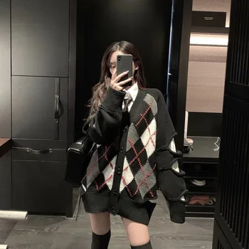 

L Sweater Female Autumn and Winter 2020 New Style Laziness Wind Rhombus