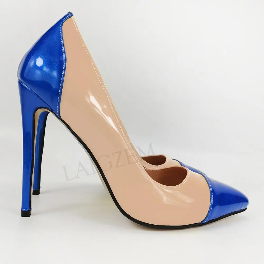 Blue-Nude LAIGZEM/цветные женские туфли-лодочки на каблуке, 4 сезона классические модельные туфли из лакированной кожи на шпильке без застежки Tacones Zapatos; большие размеры 38, 45, 47 - Цвет: Blue-Nude