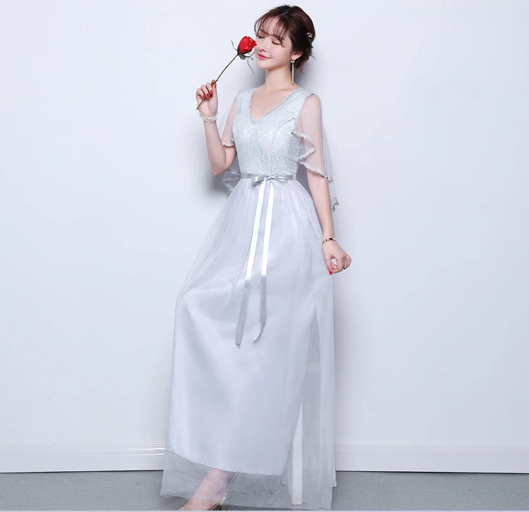 

V-neck Lace Maid of Honor Dress for Weddings Vestido Azul Marino Long Tulle Gray Bridesmaid Dress Sister Simple Dress Sexy Prom