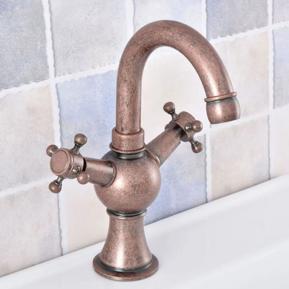 

Basin Faucets Antique Copper Double Cross Handle Bathroom Sink Faucet Swivel Spout Bath basin Vanity Mixer Taps Nsf629