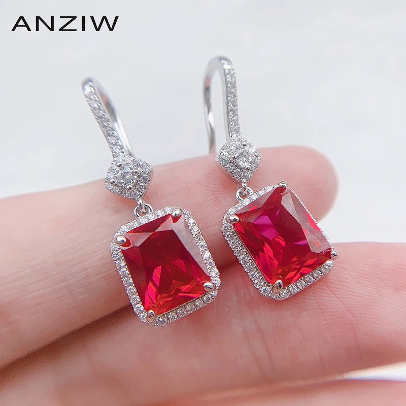 

ANZIW Sterling Silver Radiant Cut Lab Created Ruby Vintage Classic Hook Earring for Women Jewelry Gifts