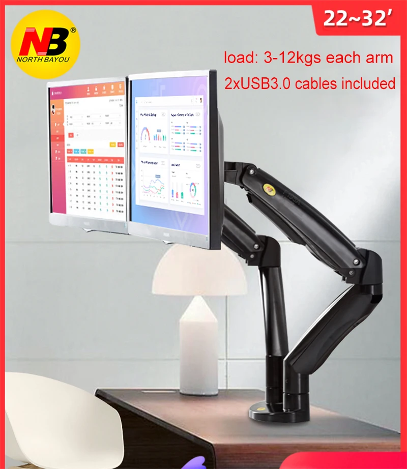 Aluminum Alloy 22-32 inch Dual Monitor Mount Gas