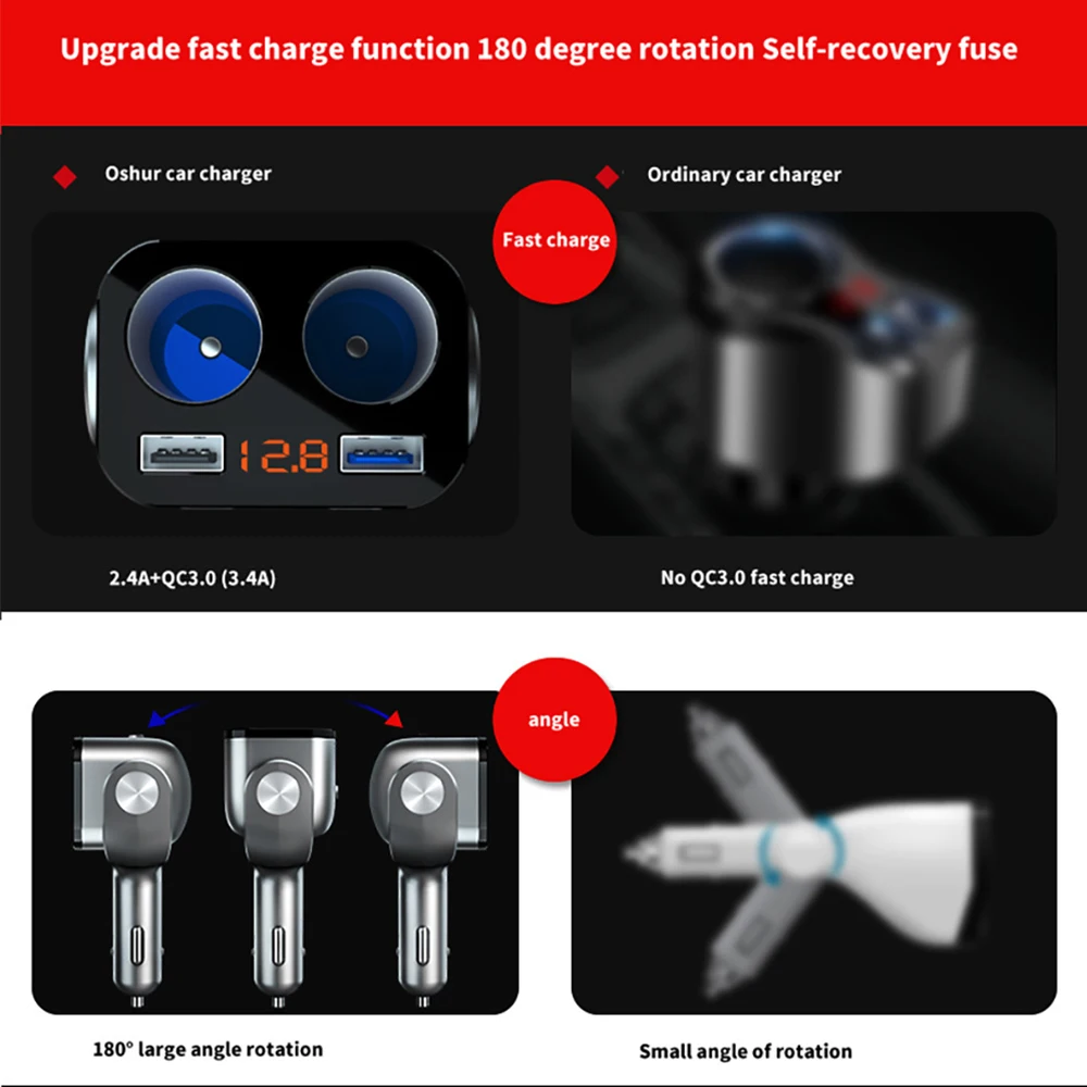 Двойная USB розетка для автомобильного прикуривателя порт QC3.0 USB Быстрый 12-24 В Зарядка светодиодный прикуриватель розетки адаптер питания