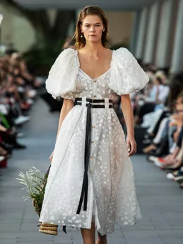 

New arrival Runway Vintage elegant Women Wave point dress OL Bohemian maxi luxury puff sleeve slim dresses Vestidos