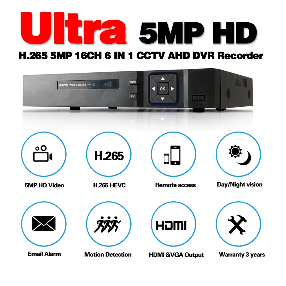 16 Channel AHD DVR 5MP 16CH AHD/CVI/TVI DVR 2592*1944 5MP CCTV Video Recorder Hybrid DVR NVR HVR 6 In 1 Alarm Security System
