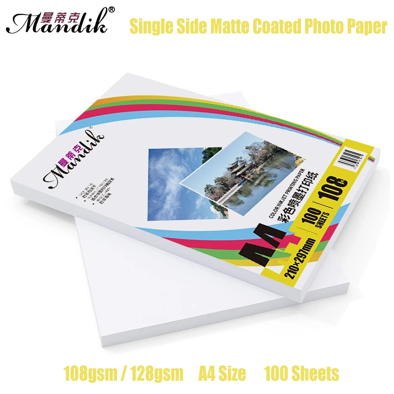 100 Sheets 108g 128g A3 A4 Single Side Matte Coated Photo Paper For Color Inkjet Printers