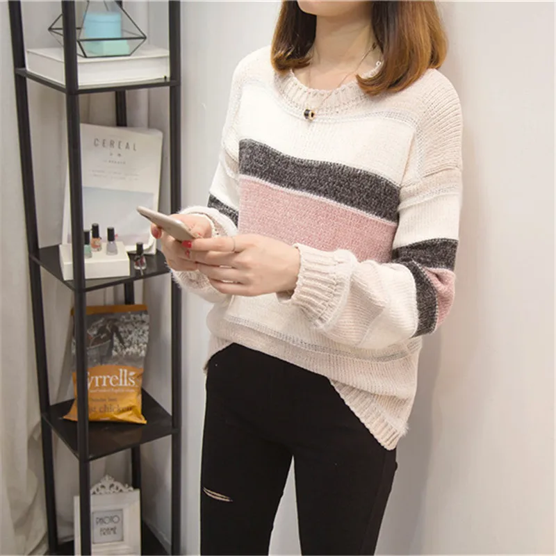 

Fat Mm Large Size Dress 2019 Spring New Style Mixed Colors Bold Stripes Liangsi Loose-Fit Pullover Sweater