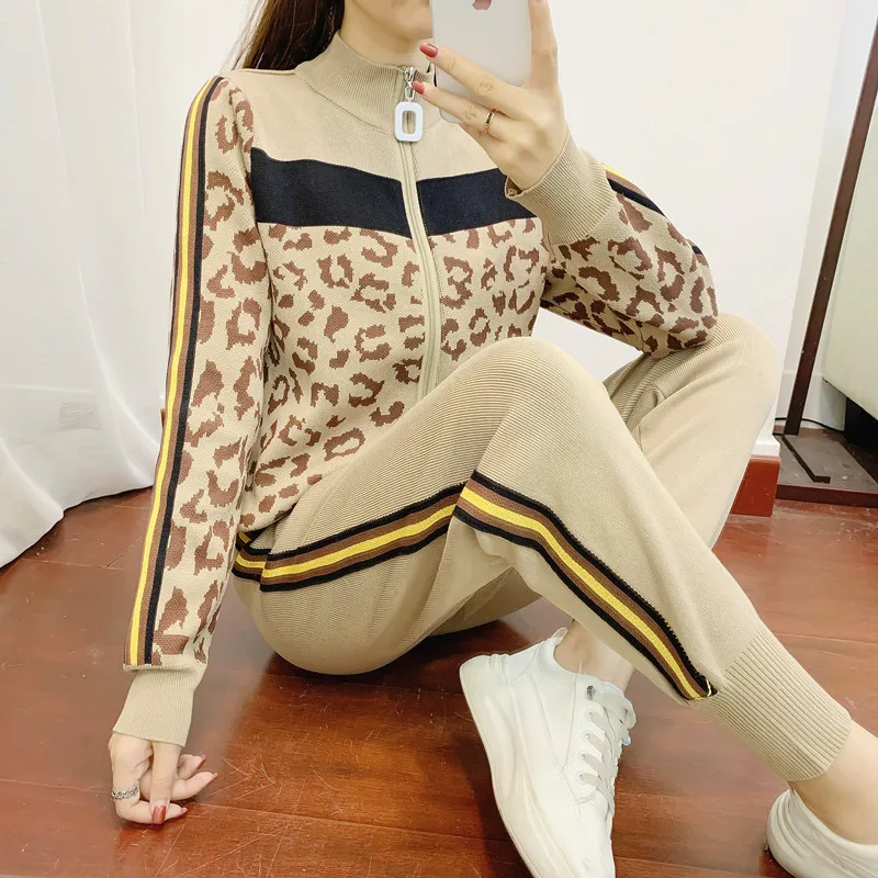 

Temperament Women Leopard Print Zipper Long-sleeved Cardigans + Casual Pants 2pcs Knitting Tracksuits Stretchy Sporty Trousers