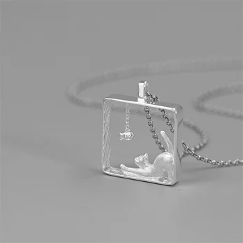 

INATURE Cat and Fish 925 Sterling Silver Geometric Square Pendant Necklace Women Jewelry