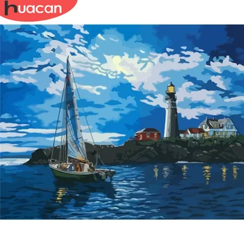 

HUACAN DIY Pictures By Number Boat Kits Drawing On Canvas Painting By Numbers Seascape Hand Painted Picture Art Gift Home Decor
