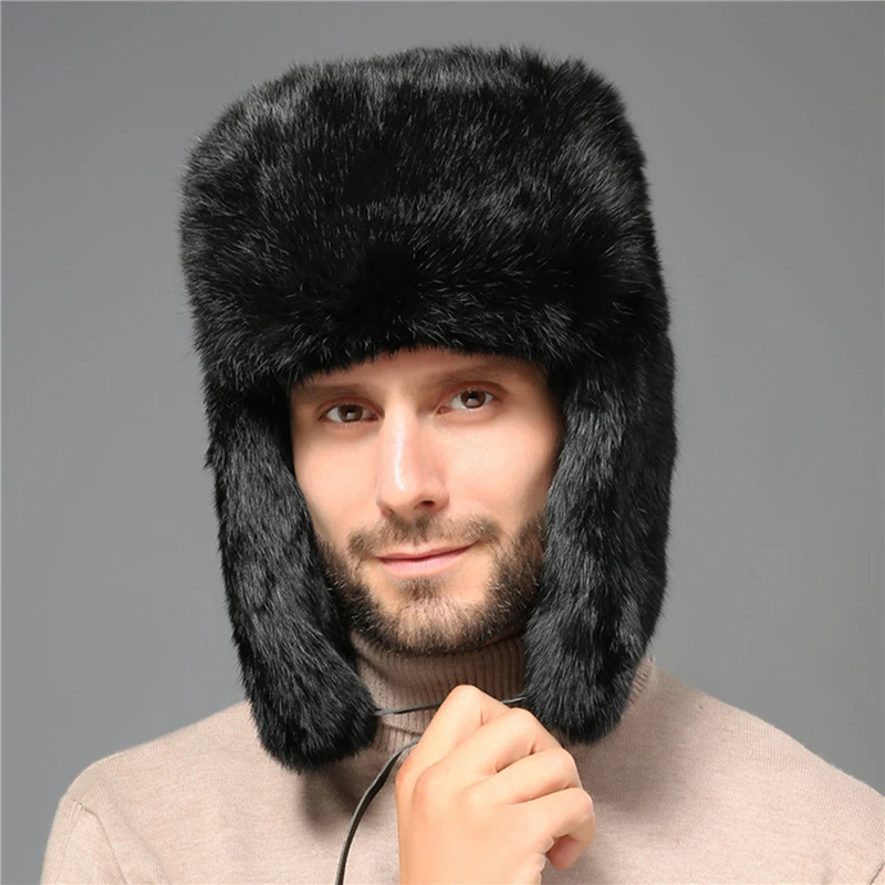 men's bomber hats Rabbit Fur Hat Winter Fur Hat Thickened Warmth And Cold-proof Outdoor Cotton Ear Cap Rabbit Fur Cap Earflap Men Snow Caps mens winter bomber hats