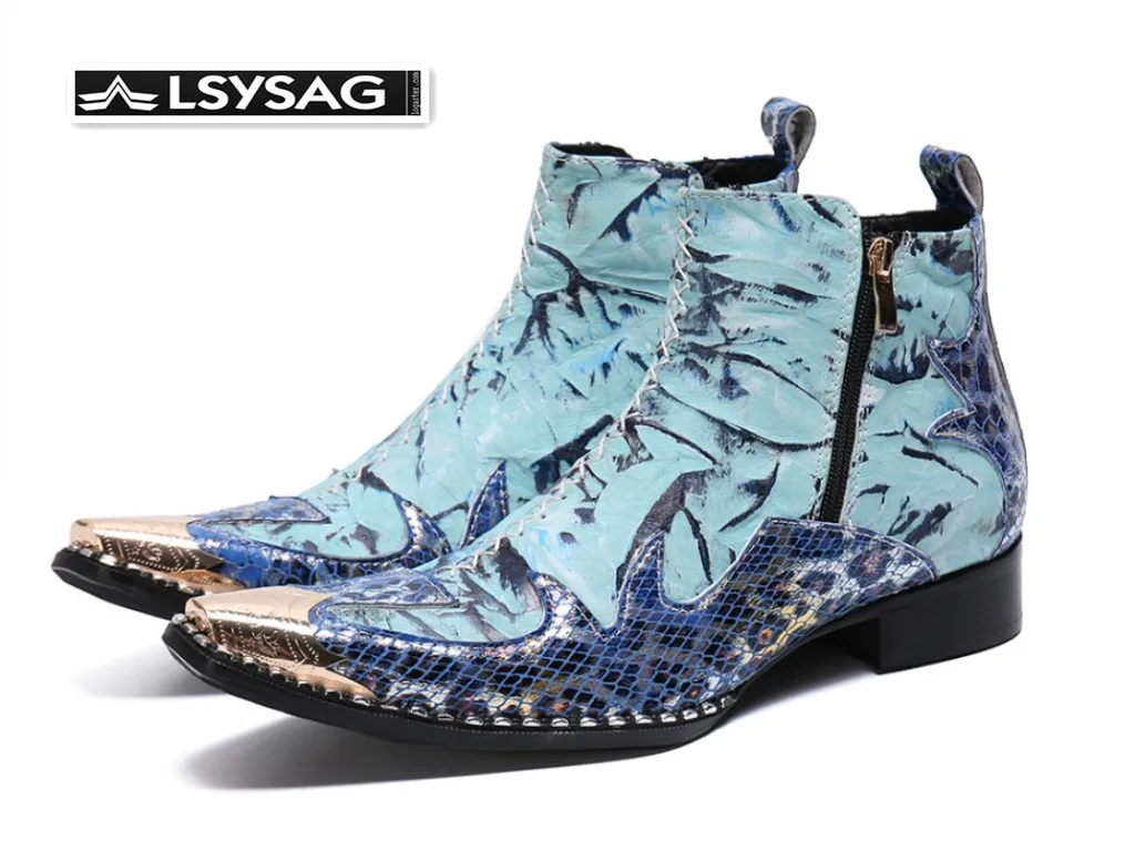 

Designer Patchwork Men Ankle Boots Blue Party Genuine Leather Men Dress Boots Fashion Formal Zip Short Boots Shoe