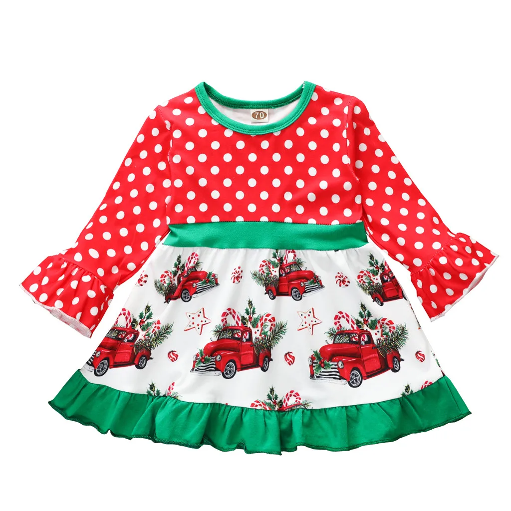 Рождественское платье в горошек для маленьких девочек; одежда принцессы; платье с длинными рукавами и круглым вырезом с героями мультфильмов для маленьких девочек;