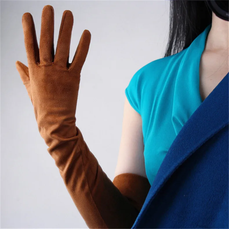 60cm Suede Leather Long Gloves Dark Grey Matte Scrub Suede Emulation Leather Sheepskin Female Models Free Shipping WJP13-60