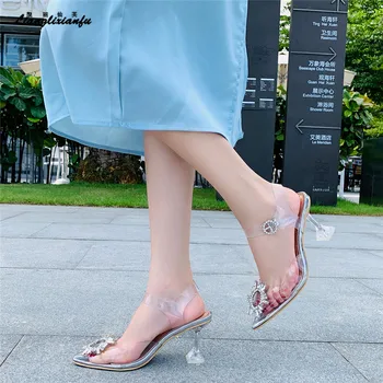 

Crossdresser Brand Ladies sandals 7cm thin high heels Ankle Strap shoes woman Pointed Toe wedding Gladiator diamond Dance pumps